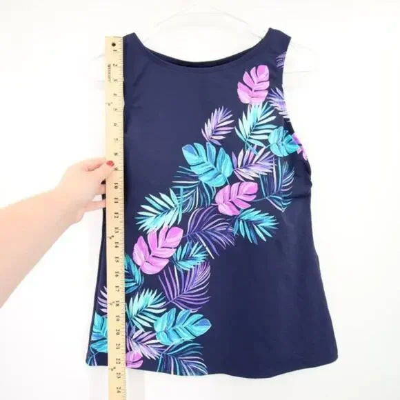 NWOT Lands End Navy Blue Tank Tankini Swim Top Palm Print Purple Size 12 - Picture 5 of 9